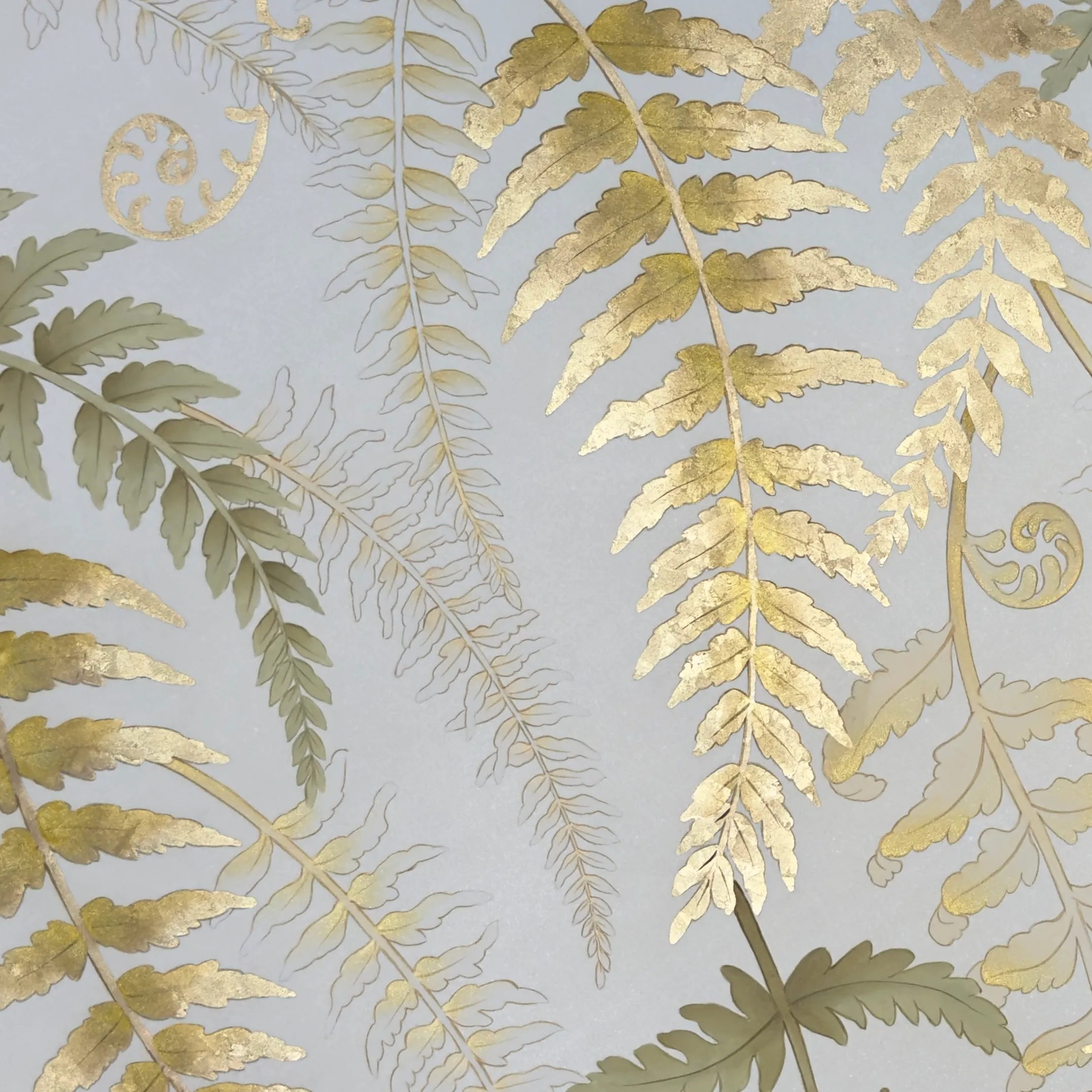 Bower Chinoiserie hand-painted wallcovering in Gilded, featuring cascading embroidered fern fronds on lustrous silk by Stang Design.