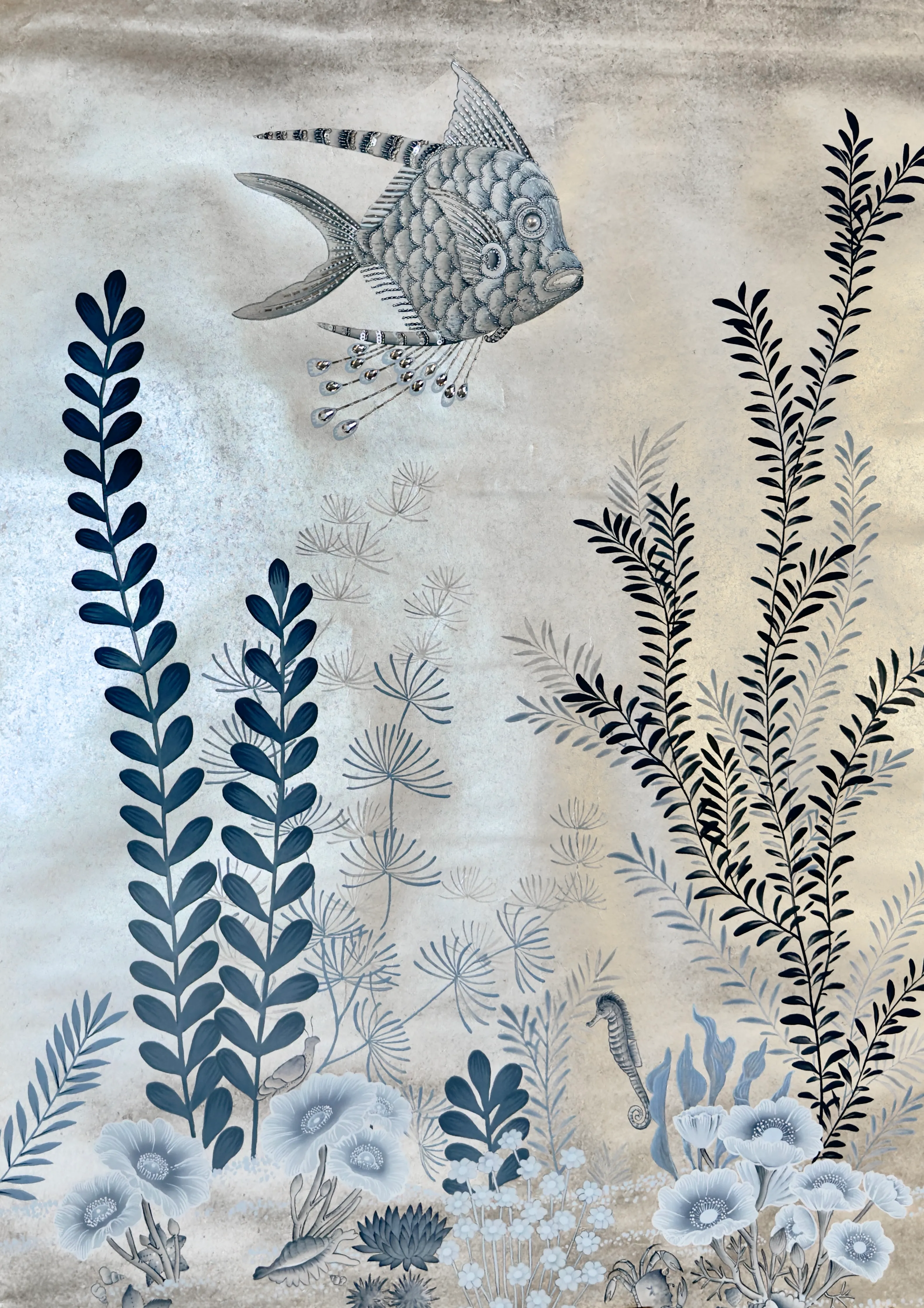 Sea Garden Chinoiserie hand-painted wallpaper in Azur by Stang Design.