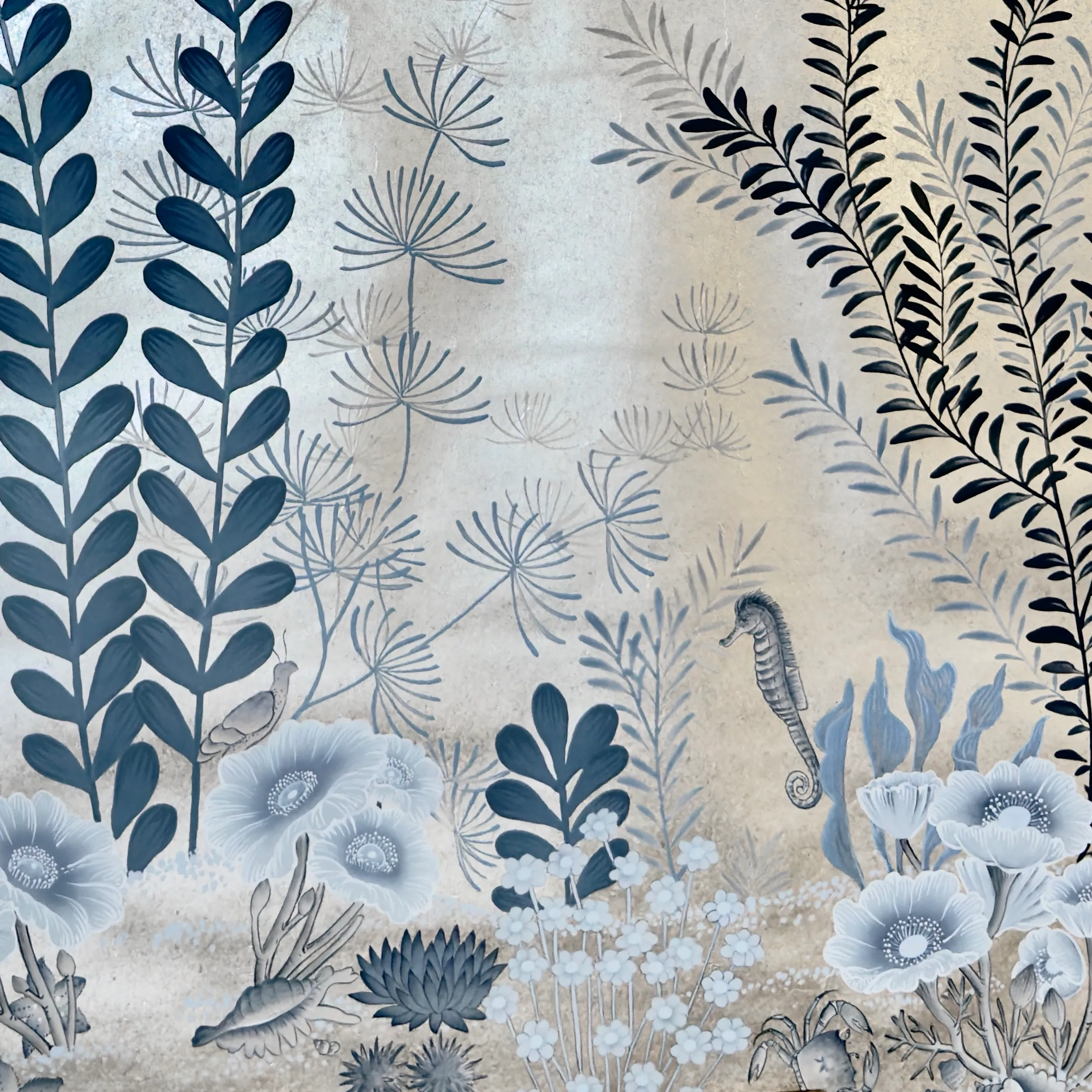 Sea Garden Chinoiserie hand-painted wallcovering in Azur, featuring seahorses and aquatic botanicals on a deep azure ground by Stang Design.