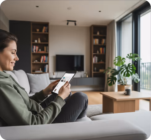 Woman sitting on a gray sofa using a digital tablet in a bright living room with wooden shelves, a TV, a coffee table, and large windows.