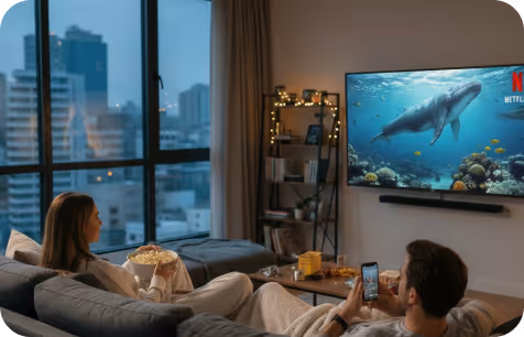 Couple sitting on a sofa in a living room watching a whale documentary on a wall-mounted TV and eating popcorn.