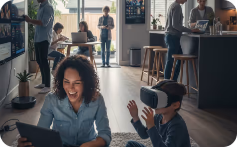 Couple sitting on a couch in a living room watching a whale documentary on a wall-mounted TV during evening.
