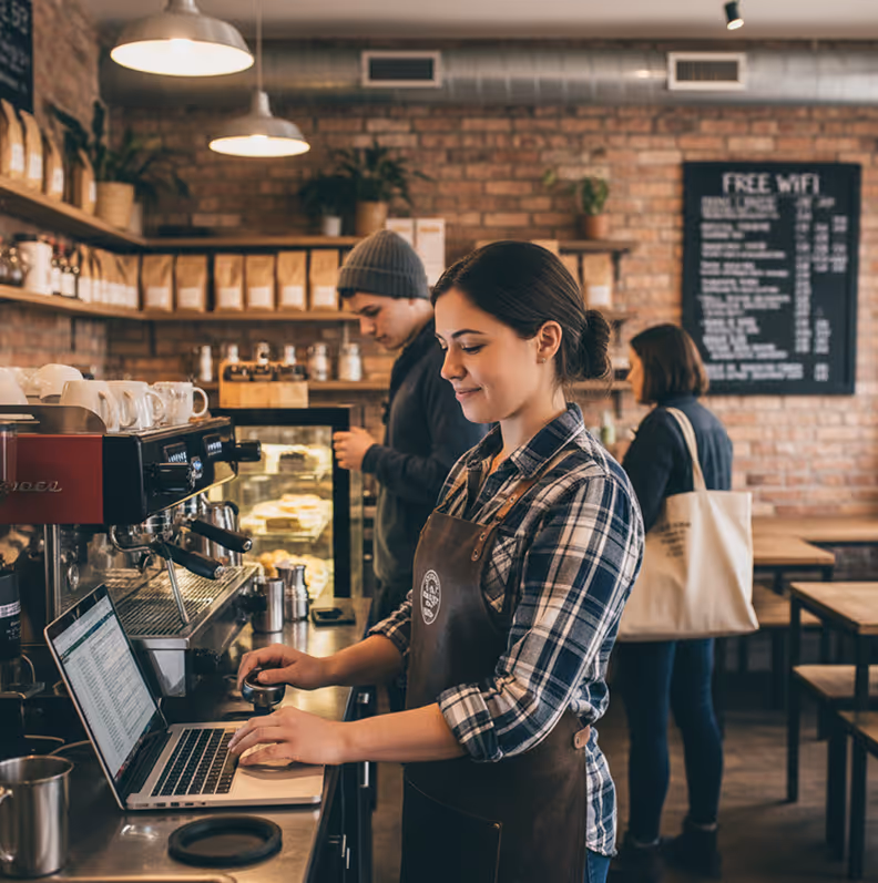 Barista in a plaid shirt and apron using a tamper and laptop at a coffee shop counter with customers in the background.
