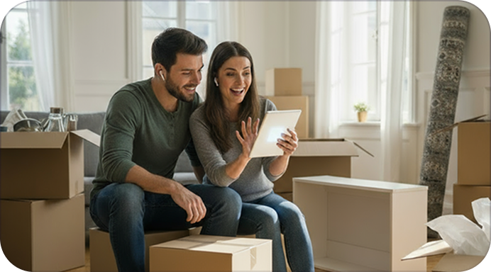 Smiling couple sitting among moving boxes, looking at a tablet in a bright room.