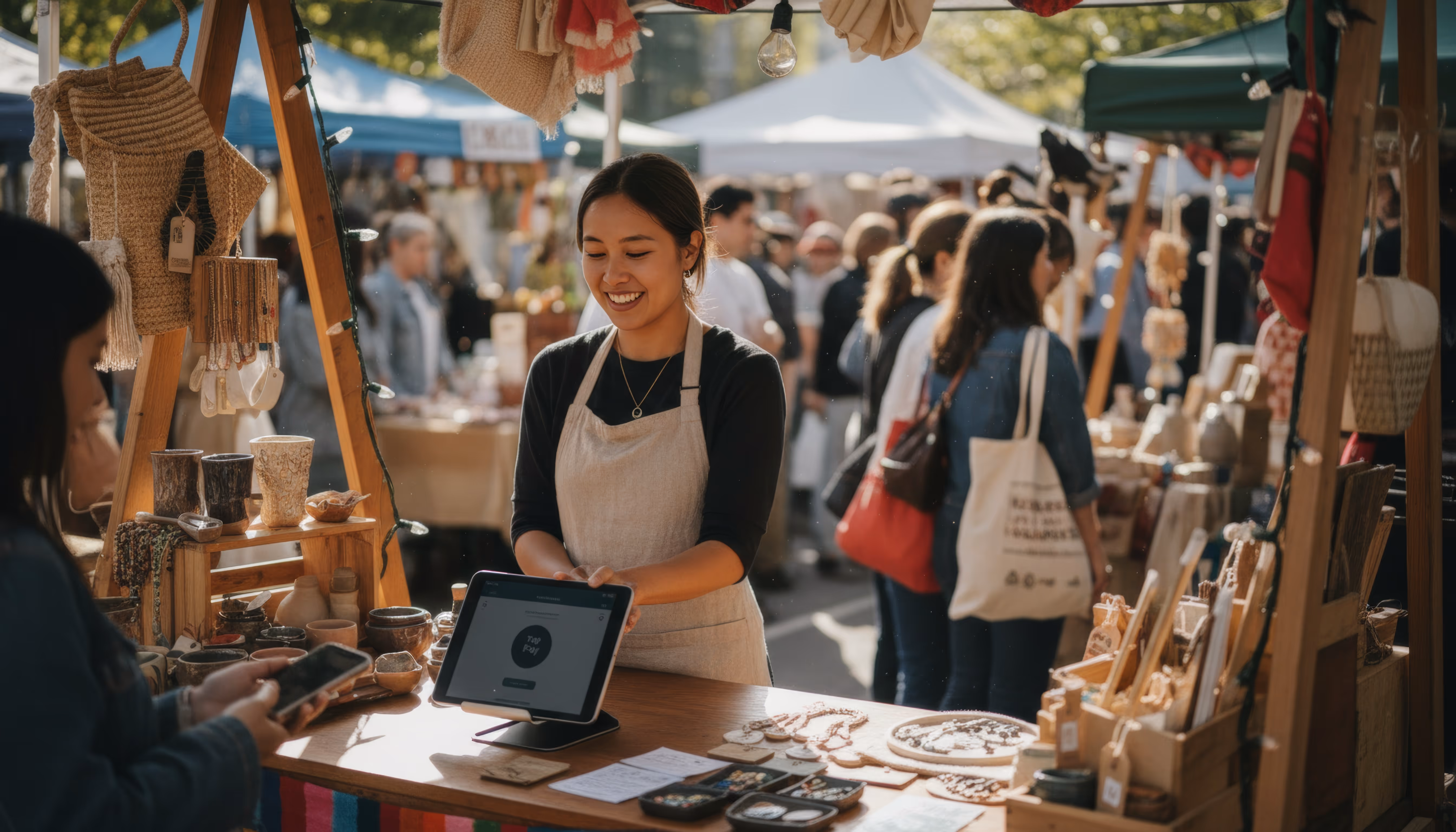 Smiling vendor in apron at outdoor market stall showing a tablet for payment to a customer holding a smartphone.