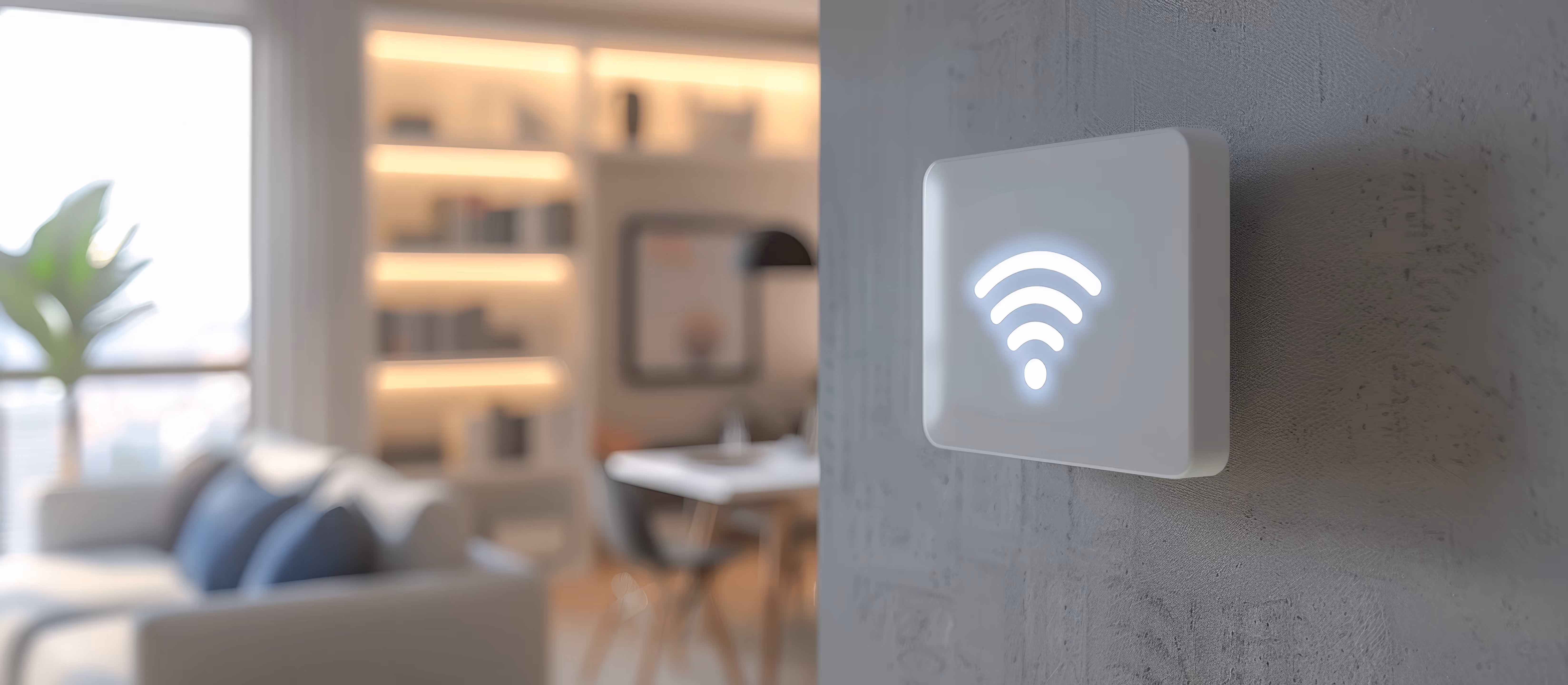 Modern white Wi-Fi access point mounted on a gray wall in a cozy living room.