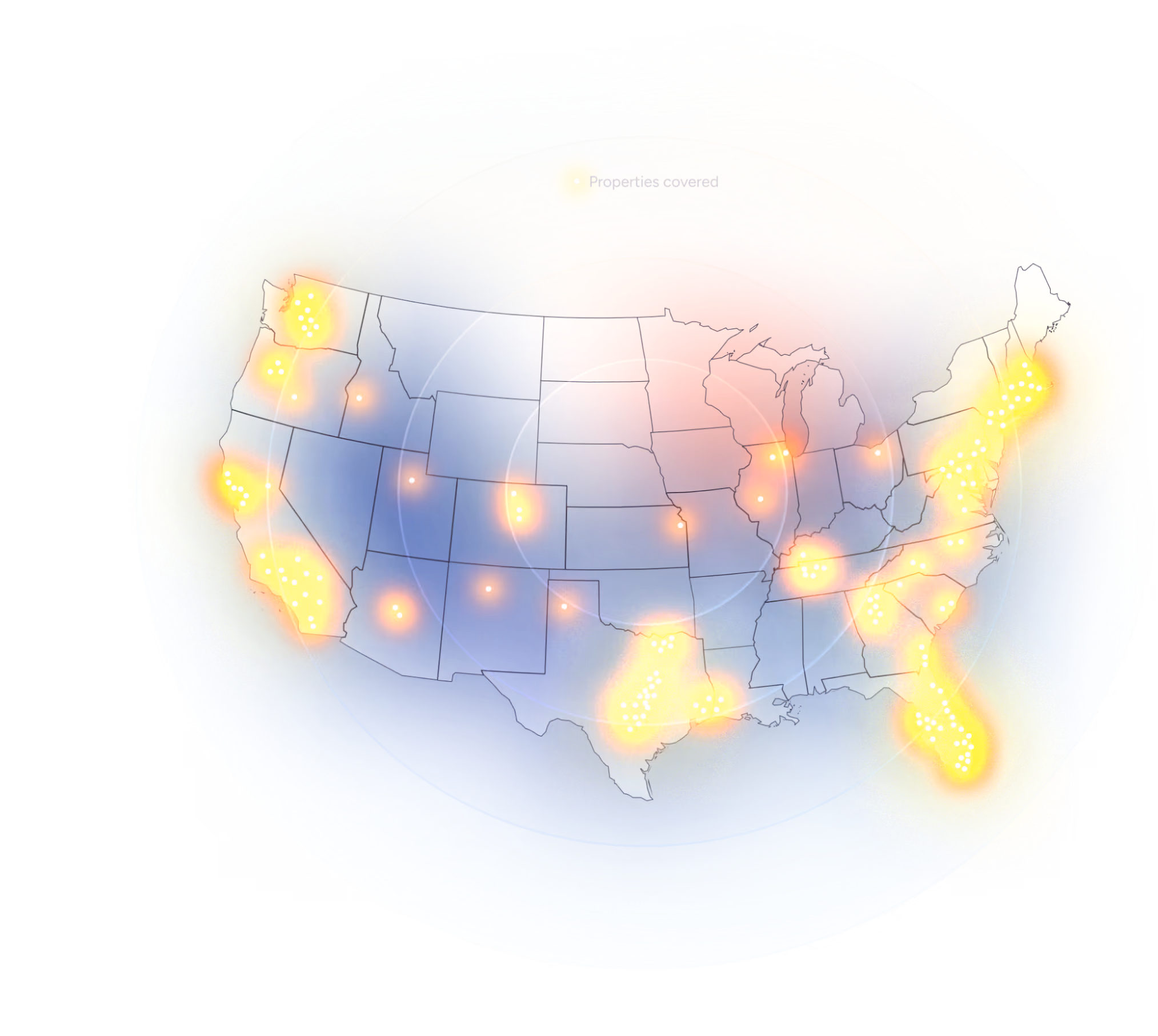 Gigstreem coverage map with glowing clusters indicating covered properties concentrated in California, Texas, Florida, and the Northeast.