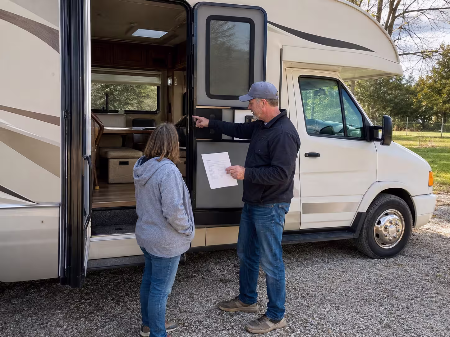 Manager reviewing RV rental pricing with a renter near Springfield, Missouri
