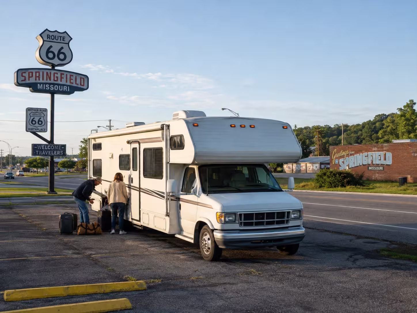 Class C motorhome on a Springfield Route 66 route near the Ozarks