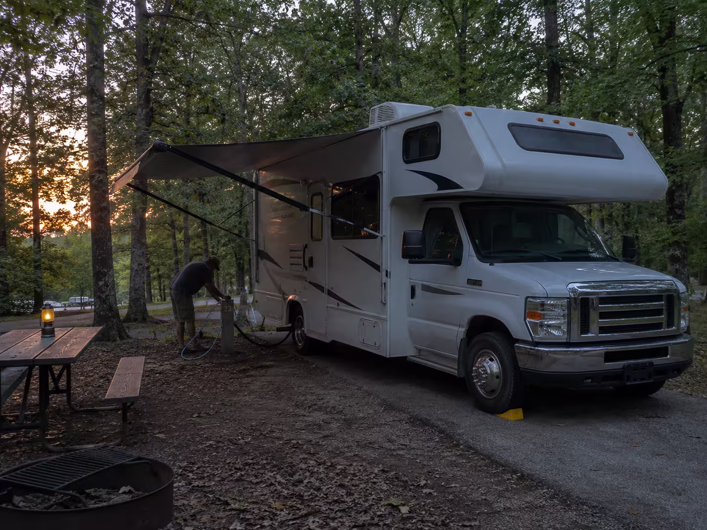 Motorhome at a Mark Twain forest campground near Springfield