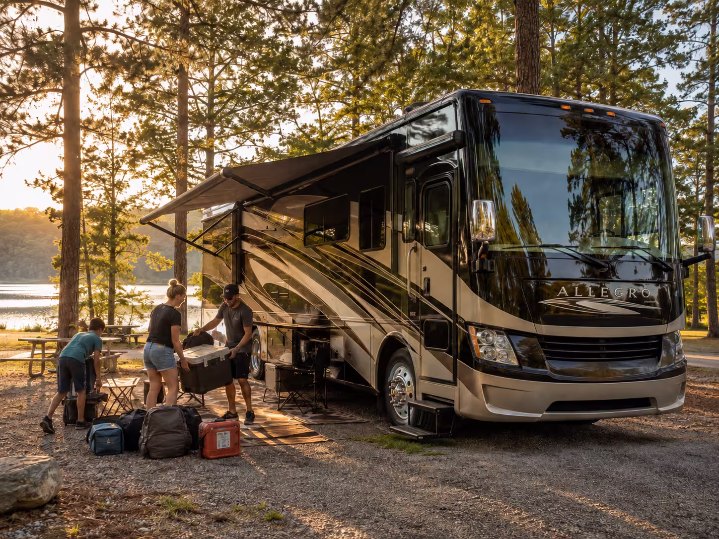 Class A motorhome parked at an Ozarks campsite near Springfield, Missouri