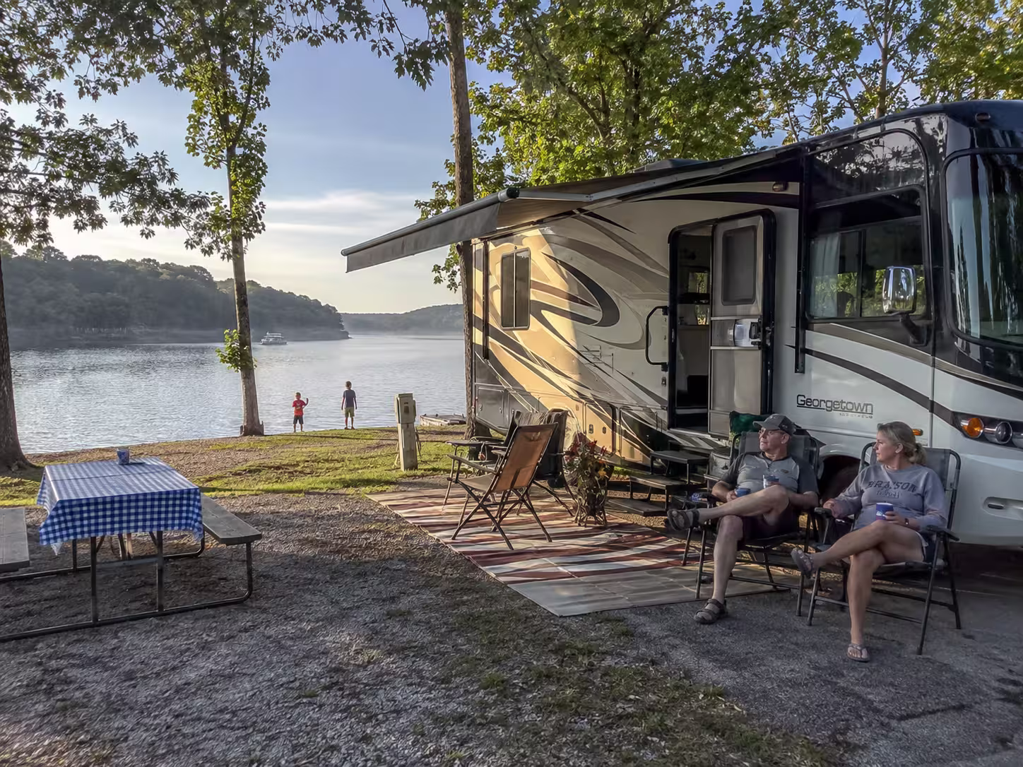 Class A motorhome at a lakeside RV park near Branson, Missouri