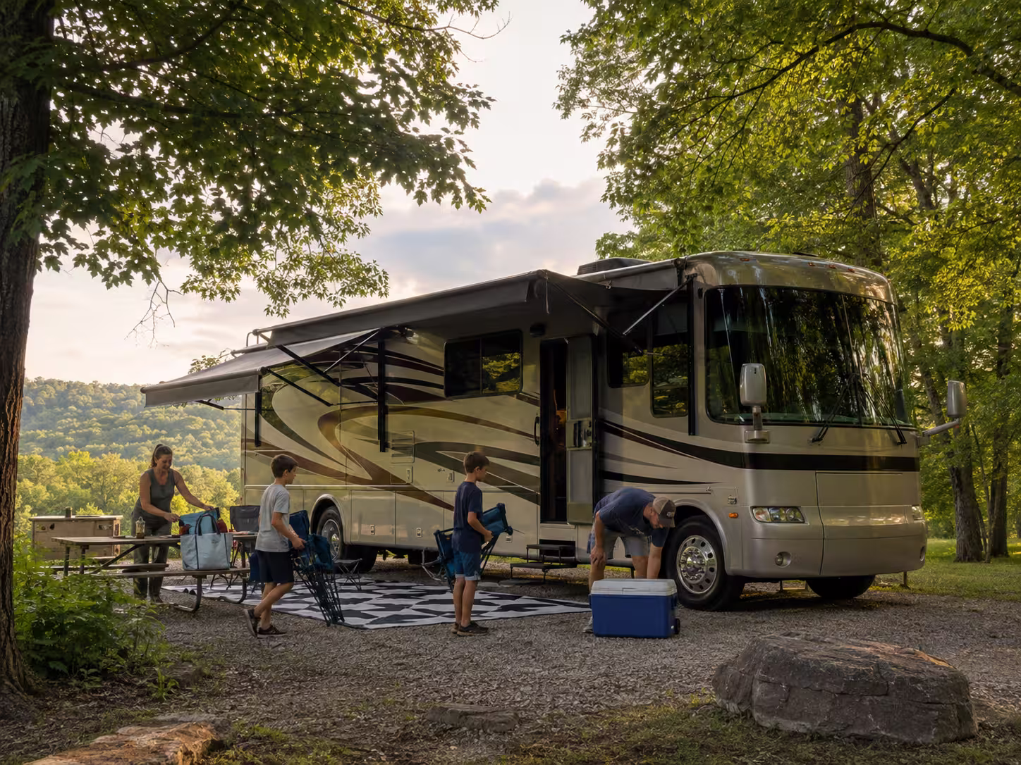 Large RV parked at an Ozarks campground near Springfield, Missouri