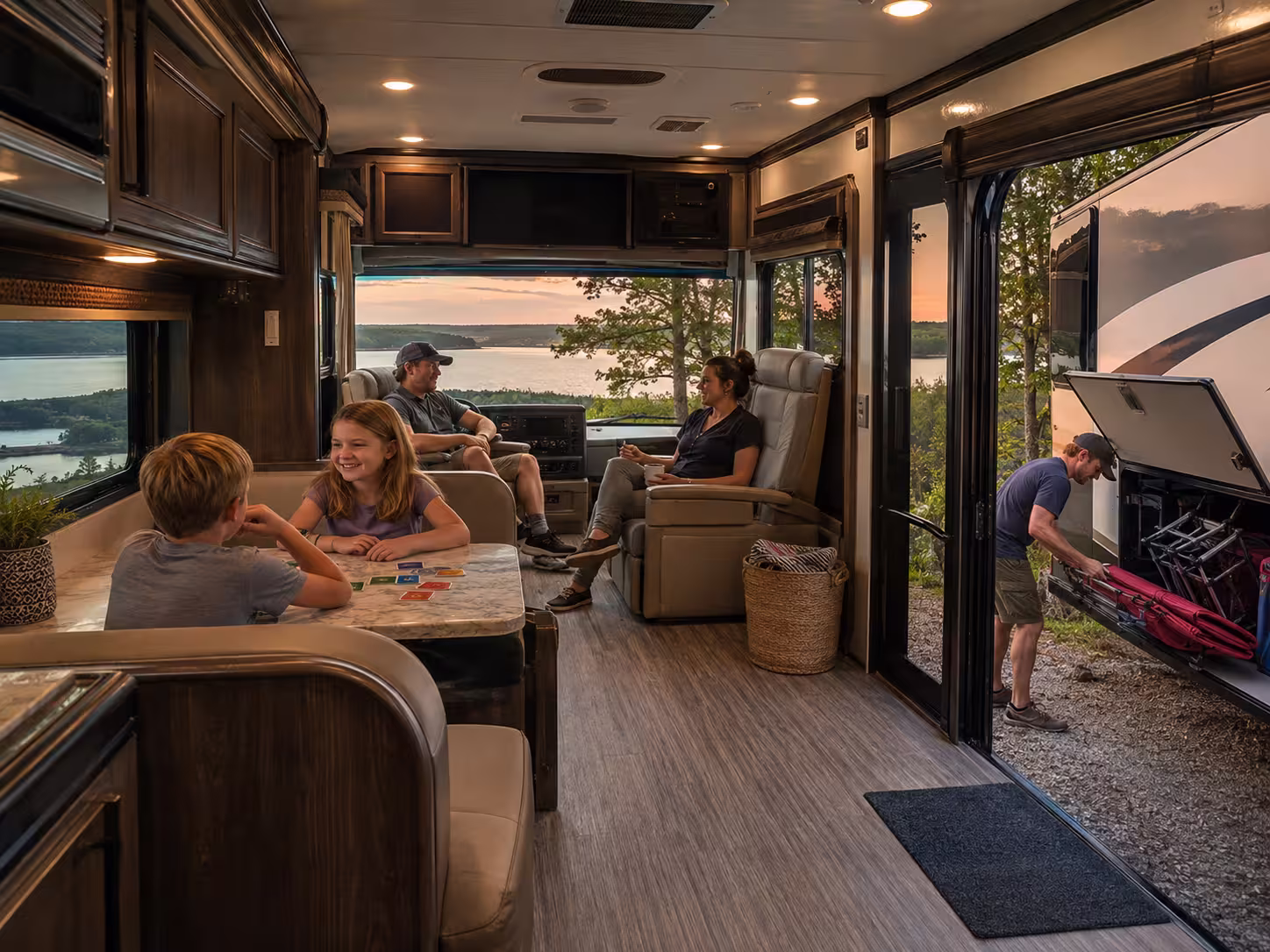 Family relaxing in a large RV near Table Rock Lake, Missouri