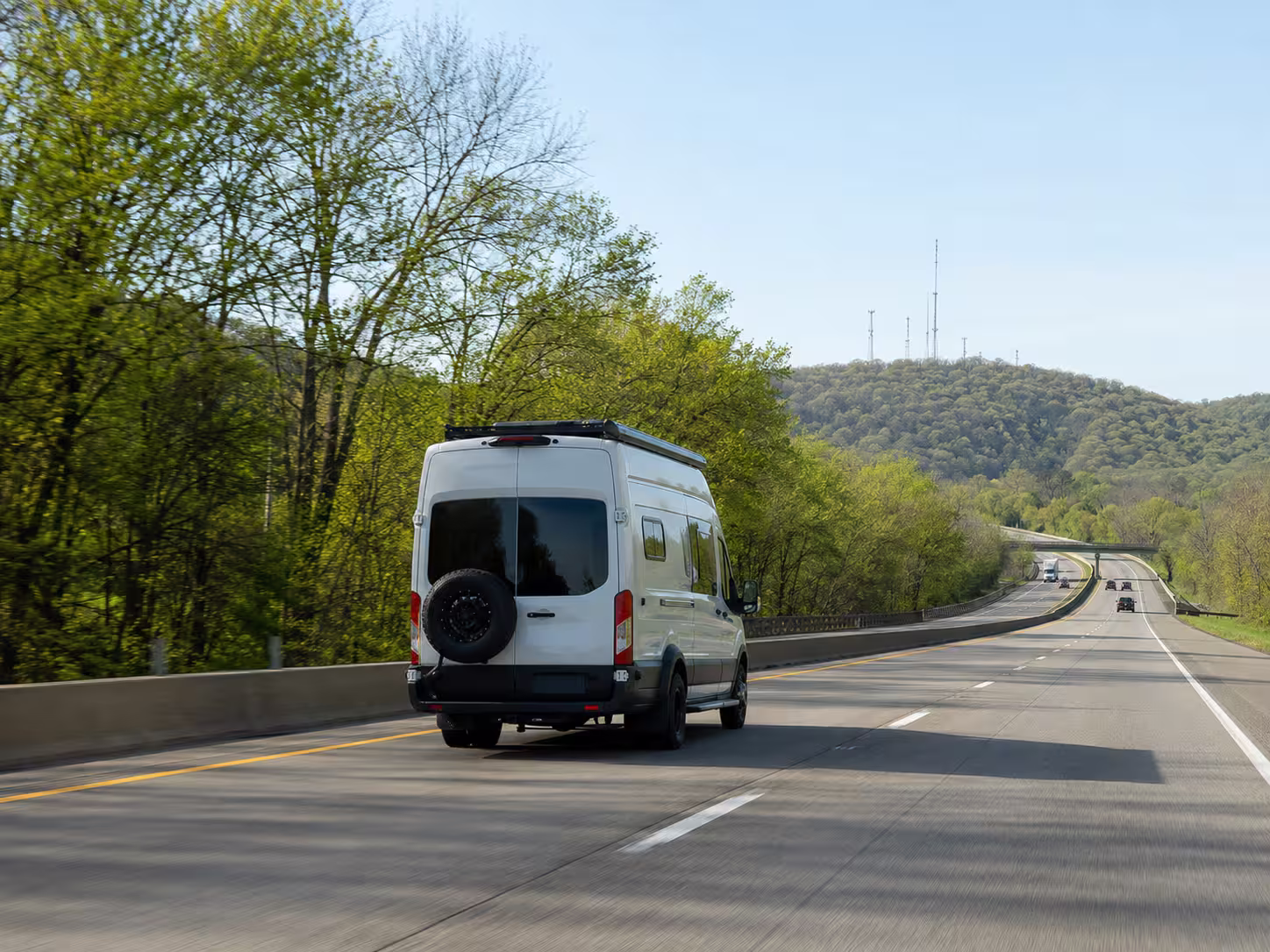 Class B camper van driving I-44 near Springfield, Missouri