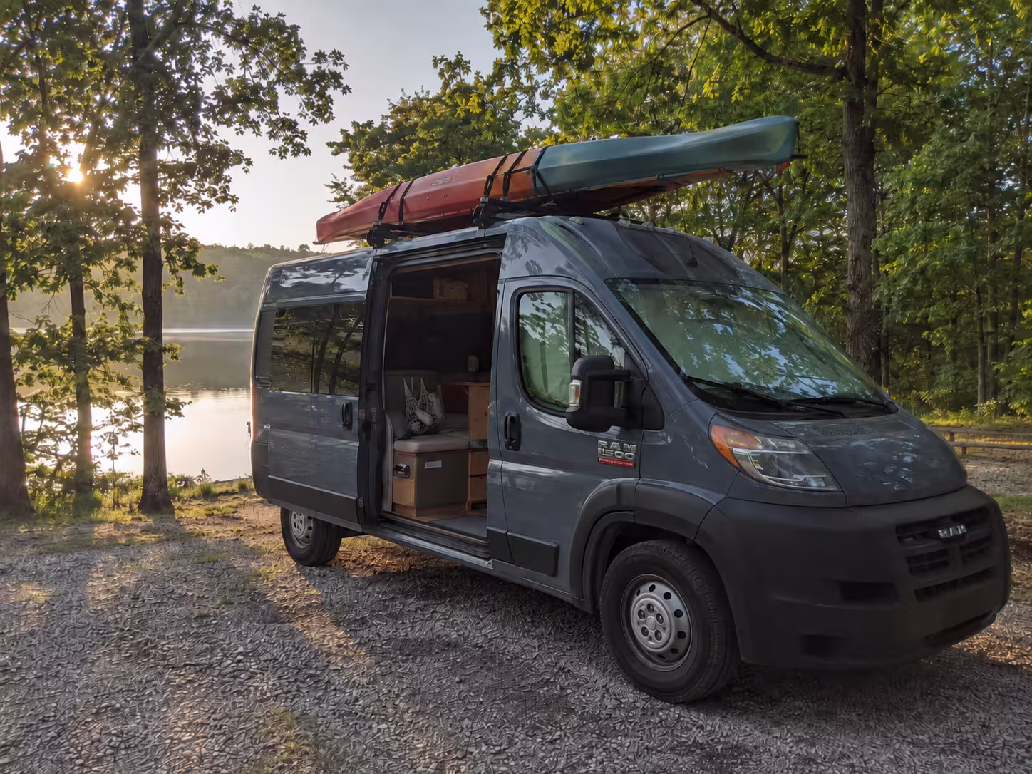 Camper van rental parked at an Ozark lake near Springfield, Missouri