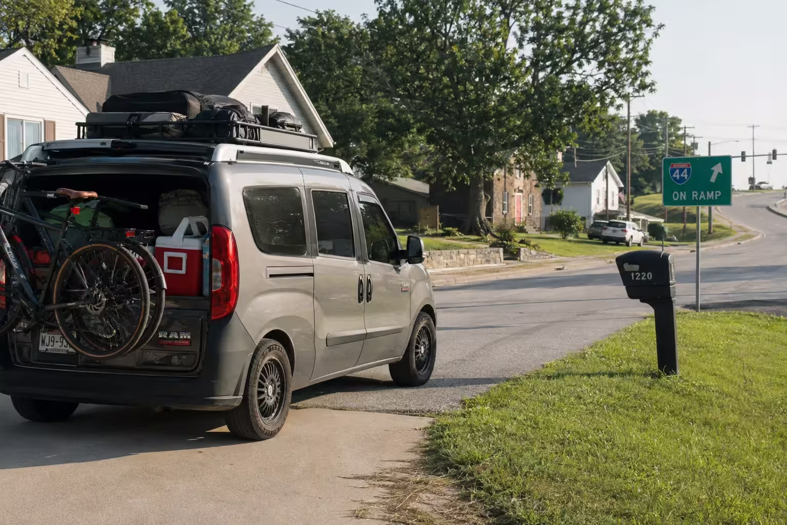 Camper van leaving Marshfield, Missouri for an Ozark weekend trip