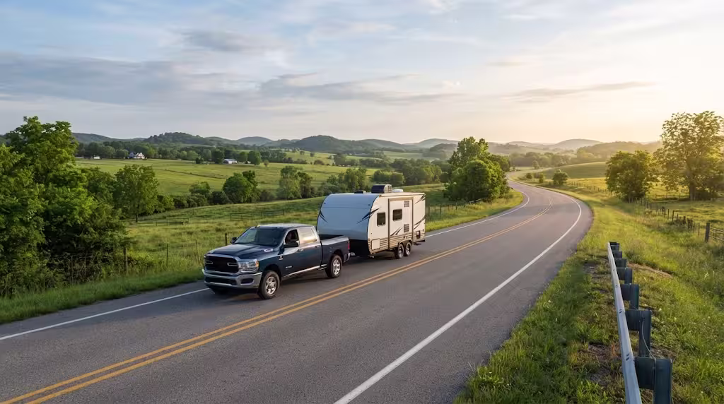 A travel trailer on a rural highway near Willard, Missouri, surrounded by Ozarks farmland.