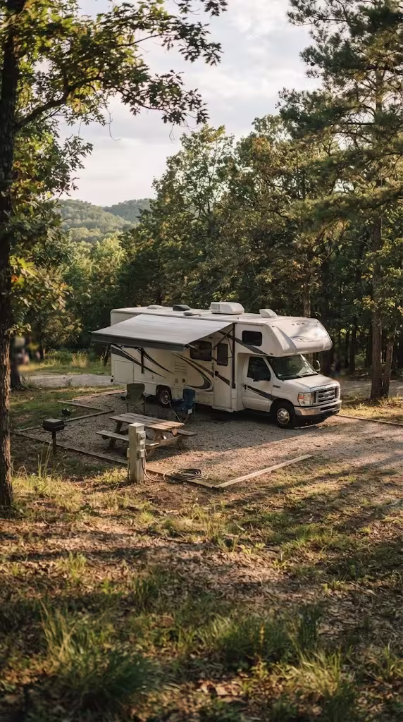 An RV set up at a gravel campsite at an RV park near Willard, Missouri.