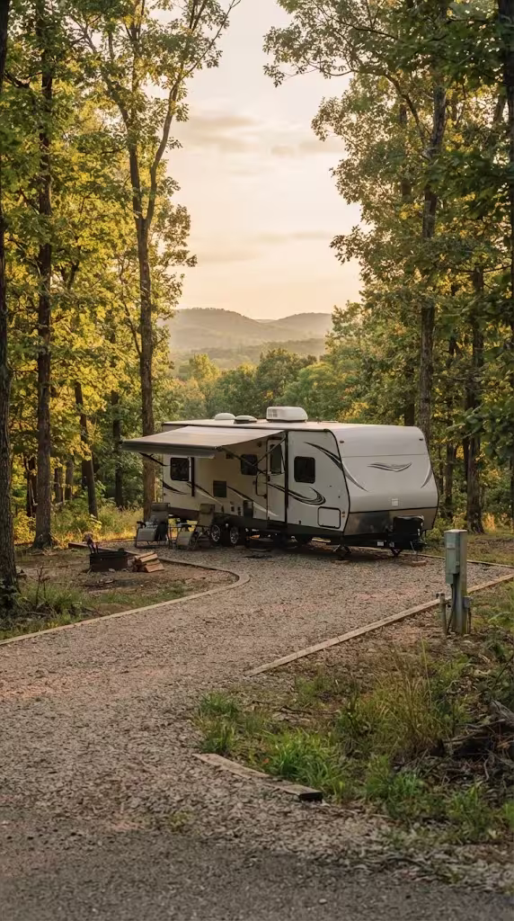 A travel trailer at a wooded Ozarks campsite near Willard, Missouri.