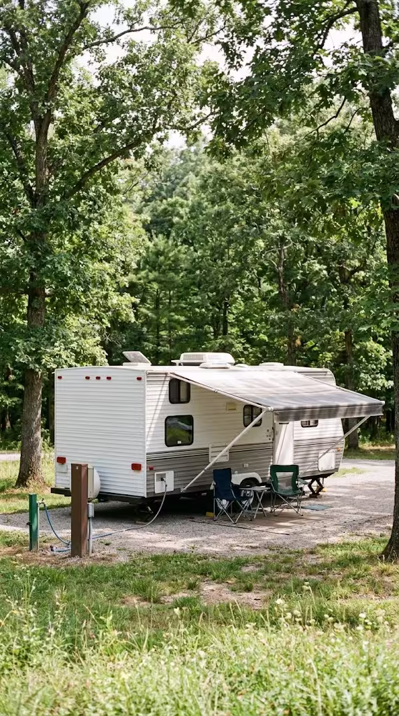 A travel trailer set up with hookups at a gravel RV park site near Strafford, MO.