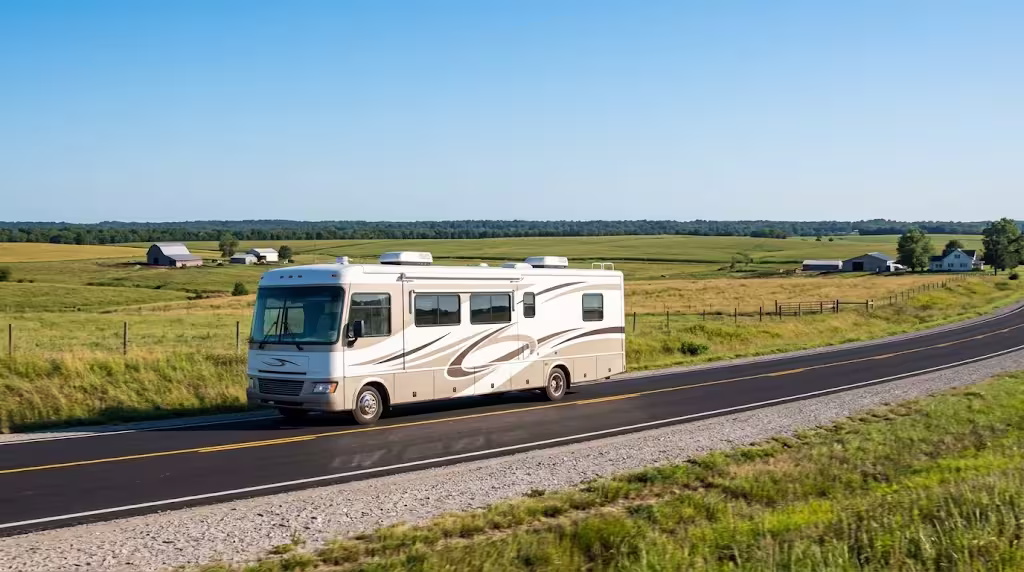 A motorhome traveling a rural highway in the Ozark region near Strafford, MO.