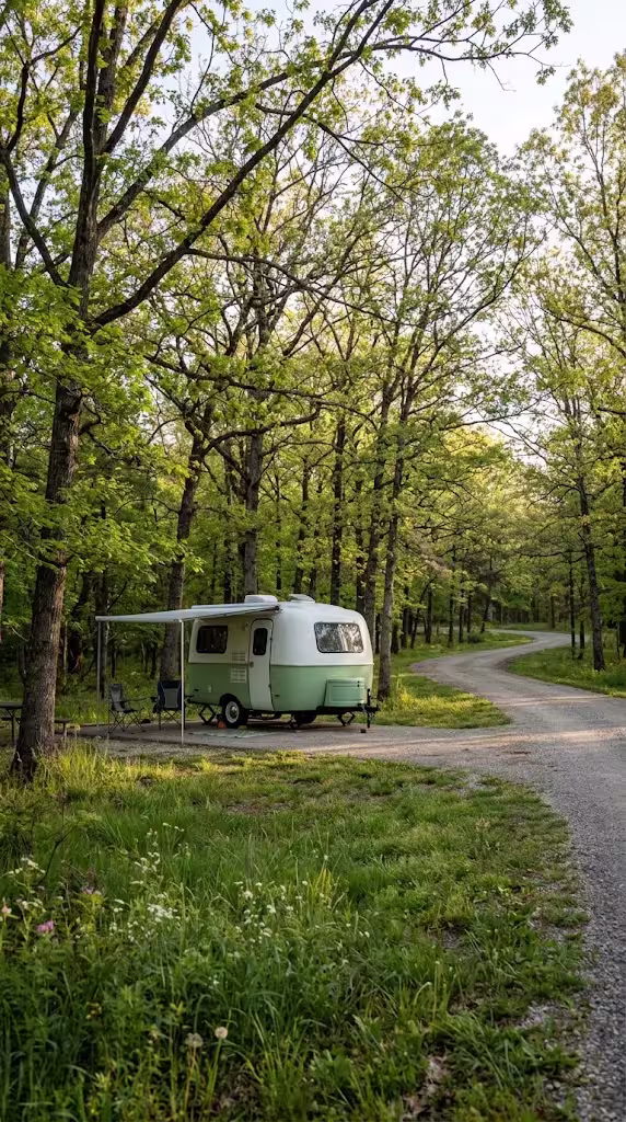 A travel trailer parked at an Ozark-area campground near Strafford, MO.