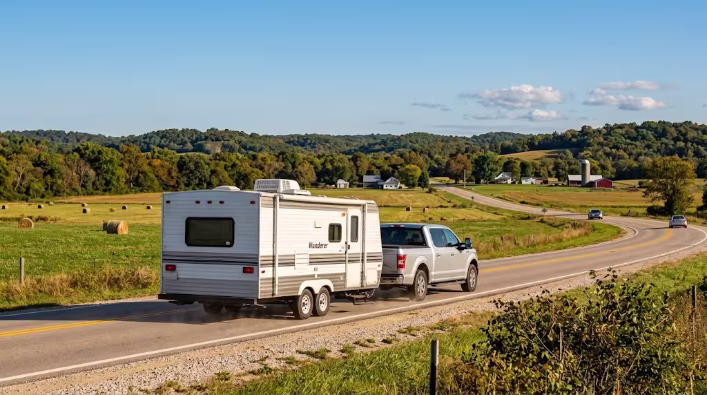 Travel trailer being towed along a rural highway near Seymour, Missouri, with Ozark hills in the background.