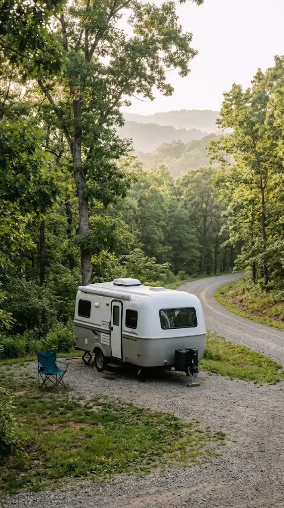 Travel trailer parked in the Ozark hills near Seymour, Missouri, at a quiet campsite.