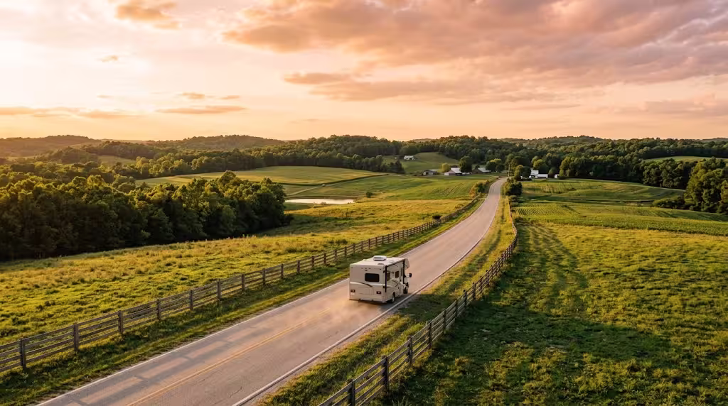 A motorhome traveling a rural highway through the Ozark countryside near Republic, Missouri.
