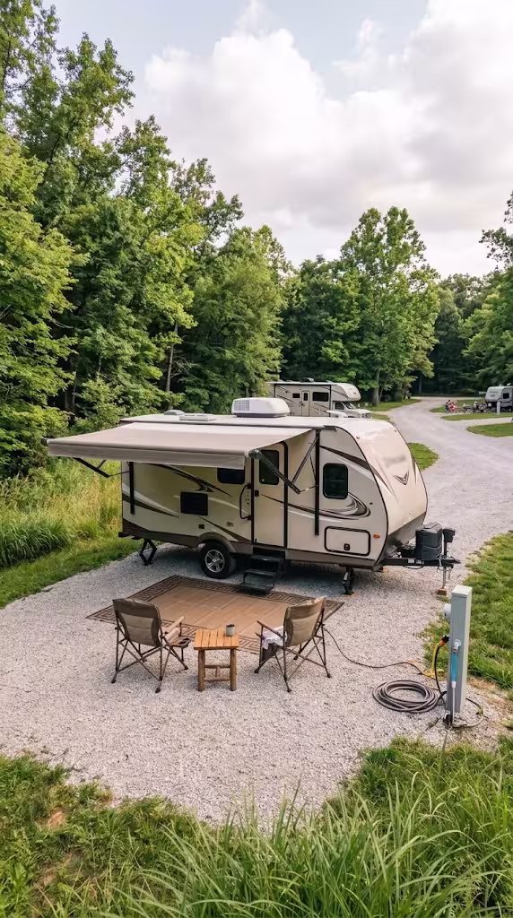 A travel trailer hooked up at a gravel RV park site near the Marshfield and Springfield area.