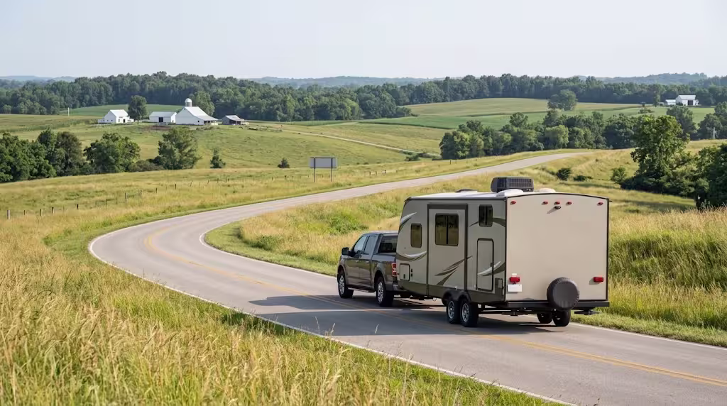 A travel trailer being towed along an Ozark highway near the Marshfield and Republic area.