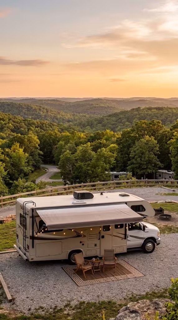 A motorhome parked at an Ozark campground overlook near the Republic and Marshfield area.