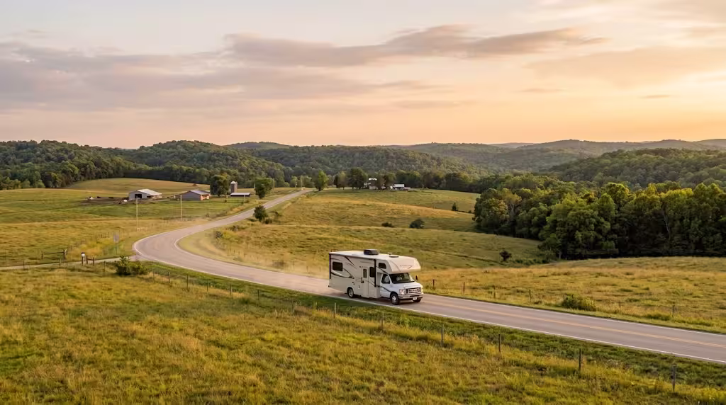 A motorhome traveling a rural highway near Rogersville, Missouri, with Ozark hills in the background.