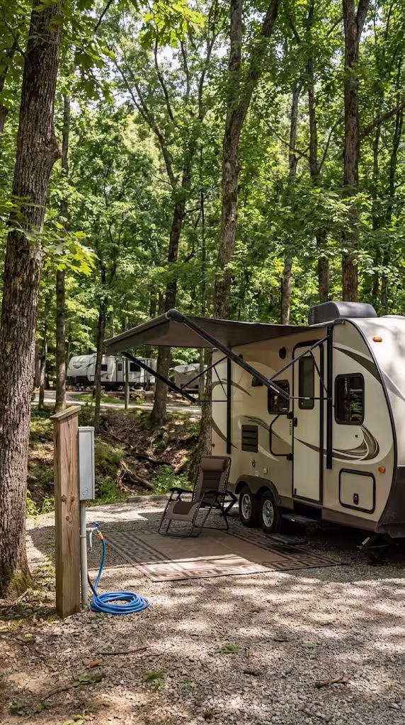 A travel trailer set up at a wooded campground site near Rogersville, Missouri.