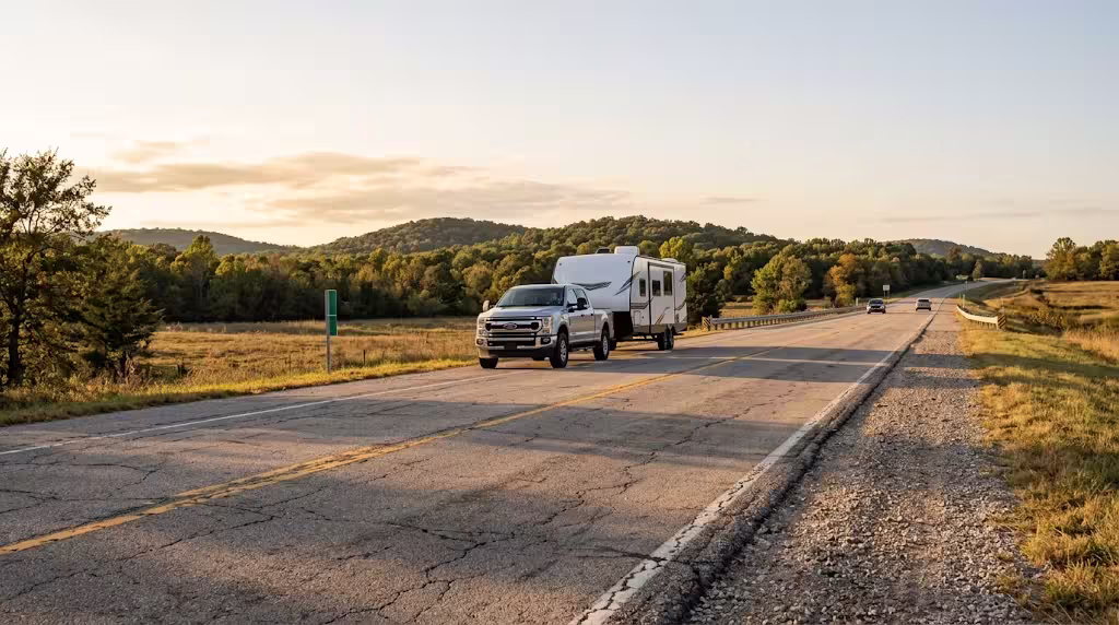 A travel trailer towed along a Route 66 highway near Rolla, Missouri, with Ozark hills in the background.