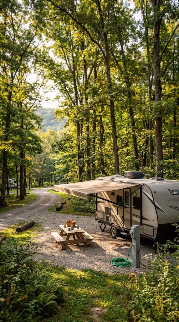 A travel trailer set up at a wooded campground site near the Meramec River close to Rolla, Missouri.
