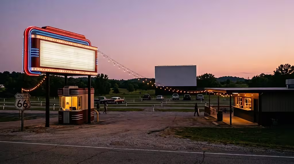 A Route 66 drive-in movie theater near Rolla, Missouri, lit up at dusk.