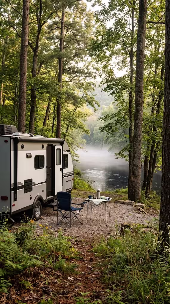 A travel trailer camped near the Meramec River close to Rolla, Missouri, on a misty morning.