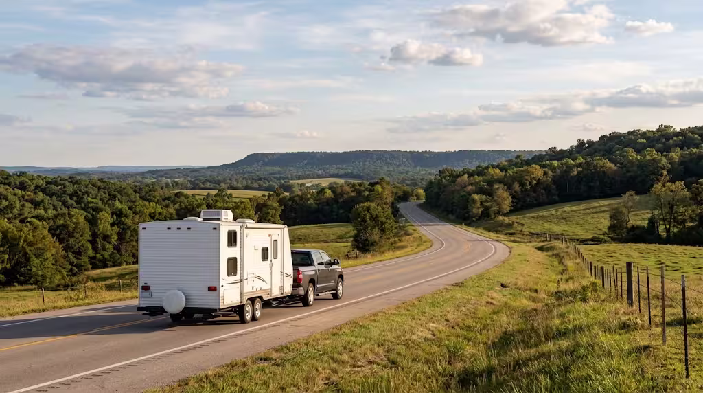 A travel trailer heading down a rural highway near Ozark, Missouri, with rolling Ozark hills in the background.