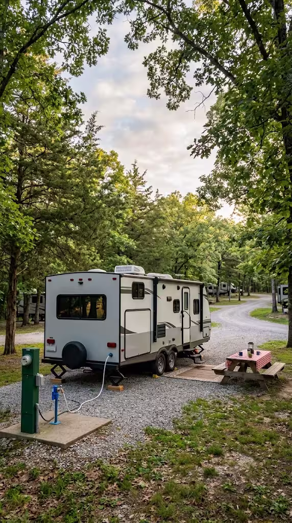 A travel trailer set up at a gravel RV park campsite with hookups near the Ozark and Marshfield area.