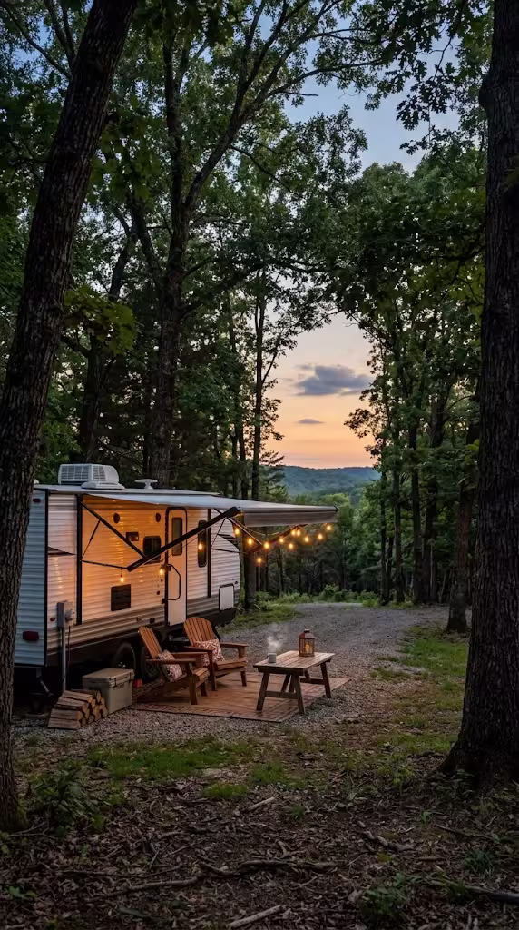 A travel trailer parked at a wooded campsite in the Ozark region at evening.