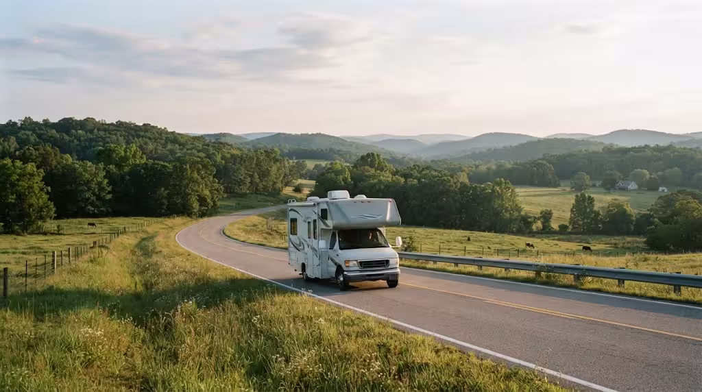 A motorhome traveling a rural Ozark highway near Mountain Grove, MO