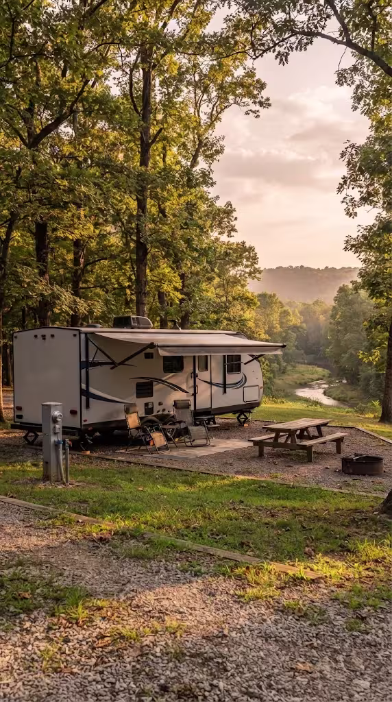 A travel trailer parked at a shaded RV campground near Mountain Grove