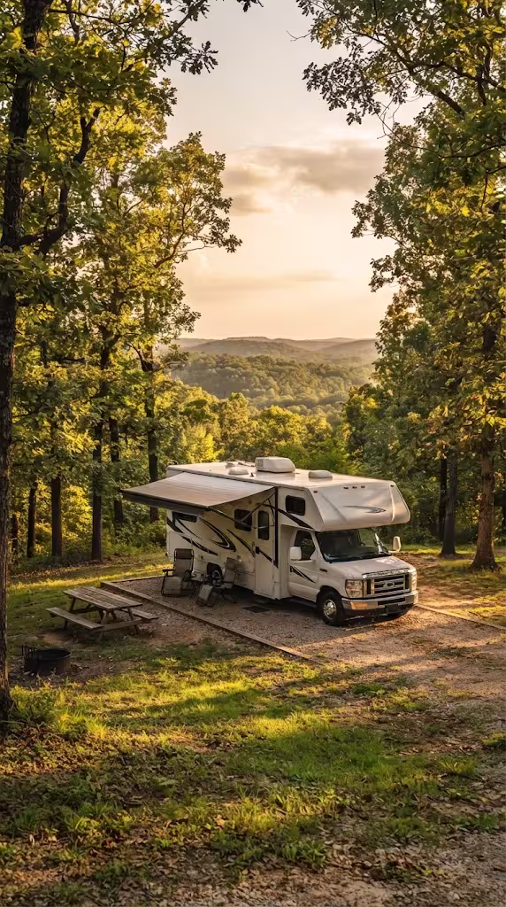 A motorhome parked at an Ozark-area campsite near Mountain Grove