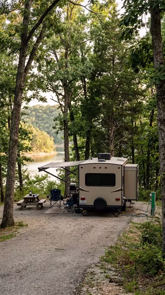 Travel trailer parked at a campsite with hookups near a Cassville-area RV park.