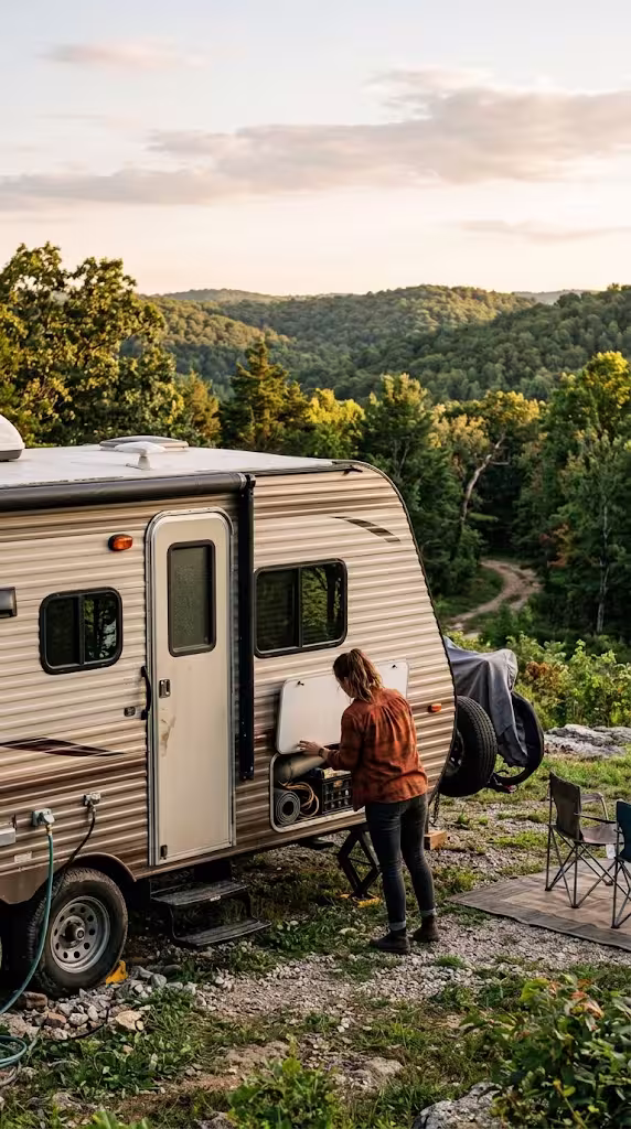 Travel trailer camped near an Ozark bluff in the Monett and Cassville area.