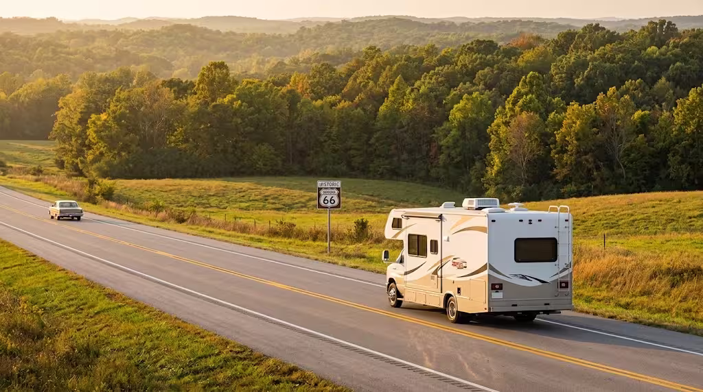 Class C motorhome traveling a two-lane highway through Ozark woodland near Lebanon, Missouri