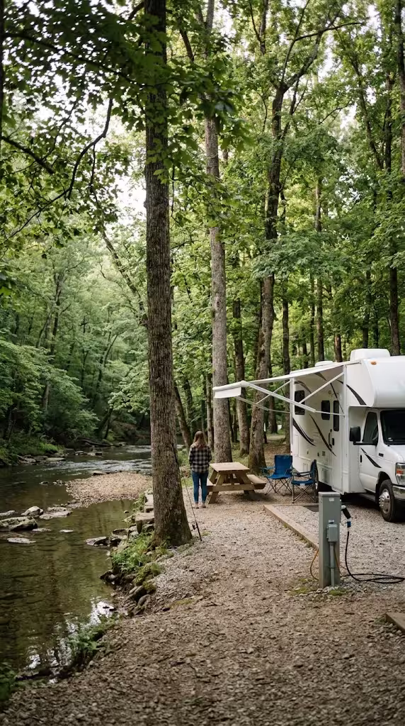Travel trailer set up on a shaded gravel campsite with hookups at a wooded campground near Lebanon, Missouri