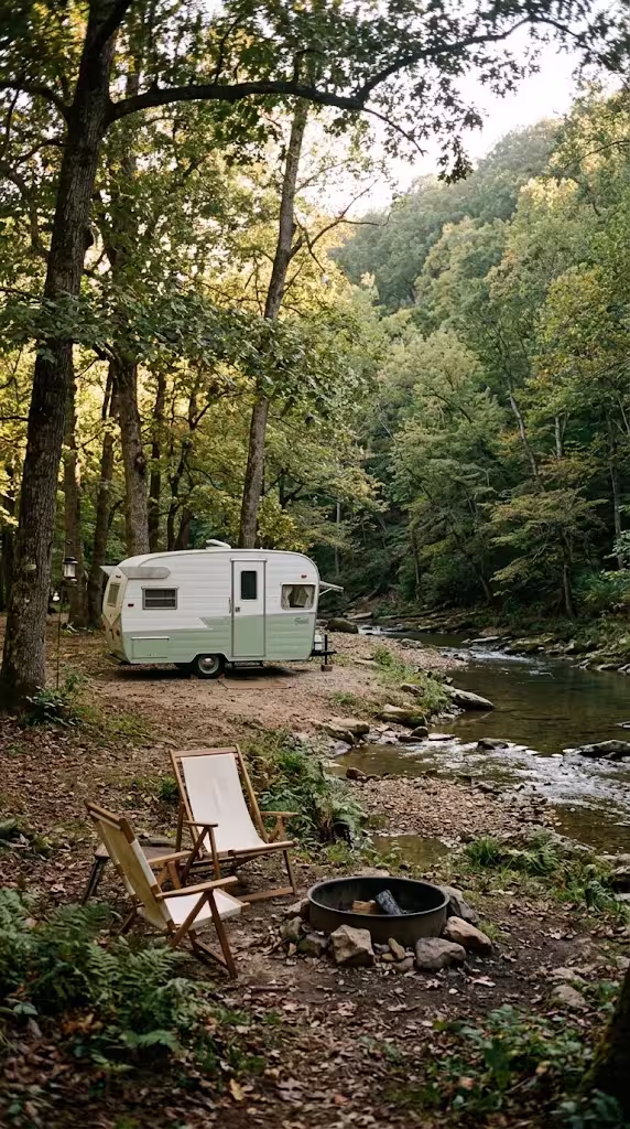 Class C motorhome parked beside the Niangua River near Lebanon, Missouri, with limestone bluffs and wooded slopes behind